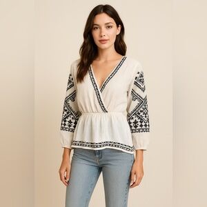 Christina V Women’s White Black Embroidered Boho Peasant Blouse Size M Sheer Top